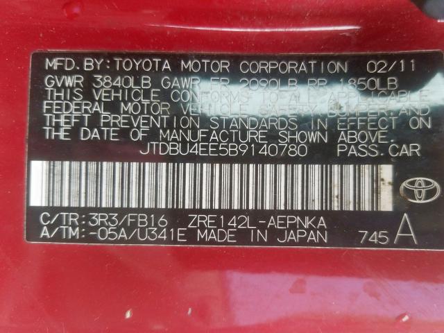 JTDBU4EE5B9140780 - 2011 TOYOTA COROLLA BASE  photo 10