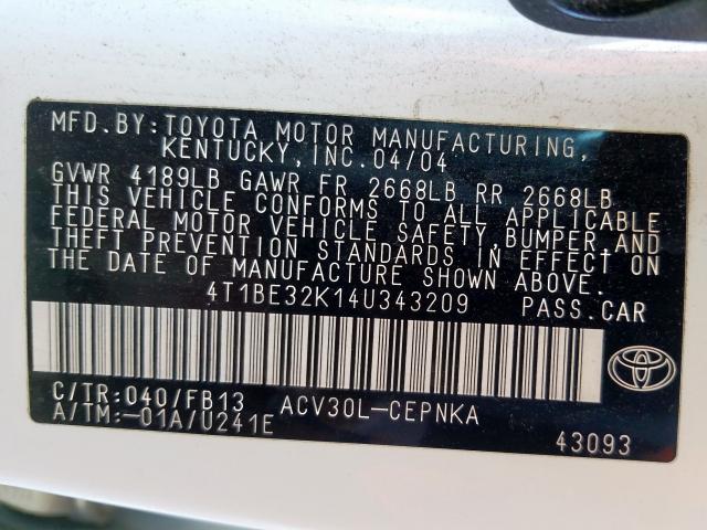 4T1BE32K14U343209 - 2004 TOYOTA CAMRY LE  photo 10