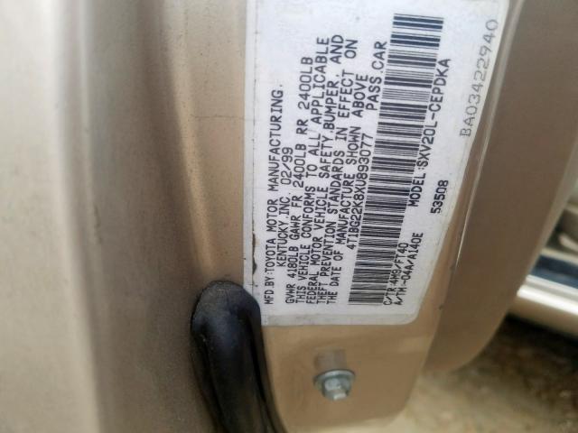 4T1BG22K8XU893077 - 1999 TOYOTA CAMRY CE  photo 10