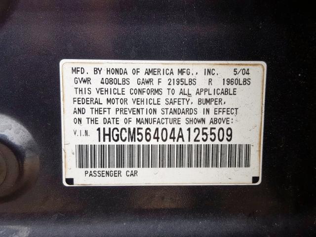 1HGCM56404A125509 - 2004 HONDA ACCORD LX  photo 10