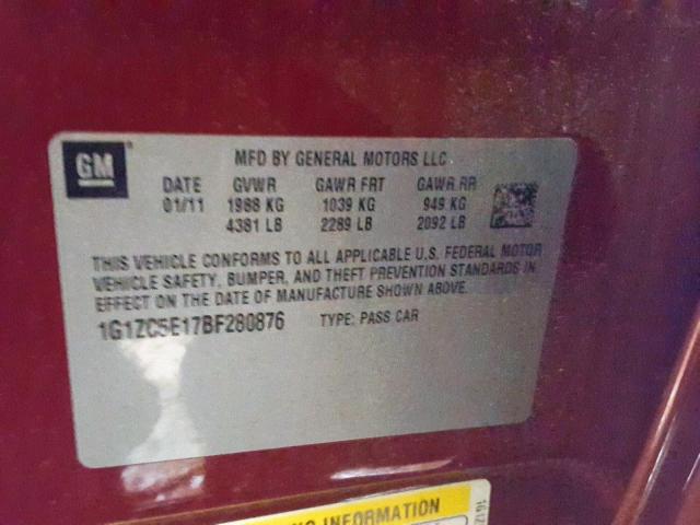 1G1ZC5E17BF280876 - 2011 CHEVROLET MALIBU 1LT  照片 10