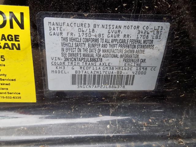 3N1CN7AP2JL886378 - 2018 NISSAN VERSA S  photo 10