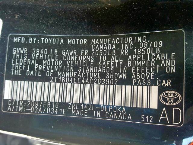 2T1BU4EE4AC263902 - 2010 TOYOTA COROLLA BASE  photo 10