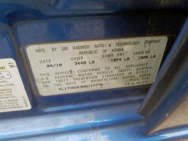 KL1TD6DE9AB117776 - 2010 CHEVROLET AVEO LS  ფოტო 10