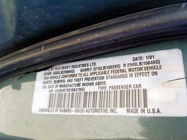 4S3BH675016647955 - 2001 SUBARU LEGACY OUTBACK AWP  照片 10