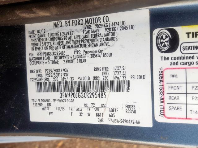 3FAHP0JG3CR295485 - 2012 FORD FUSION SEL  photo 10