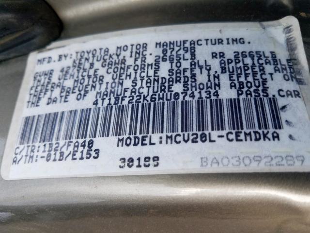 4T1BF22K6WU074134 - 1998 TOYOTA CAMRY CE  photo 10