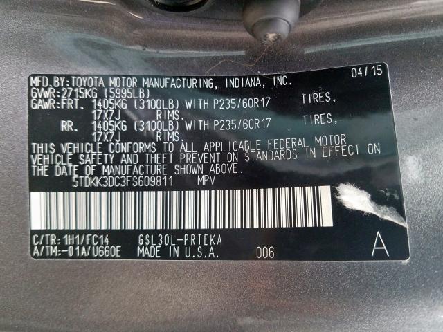 5TDKK3DC3FS609811 - 2015 TOYOTA SIENNA LE  photo 10