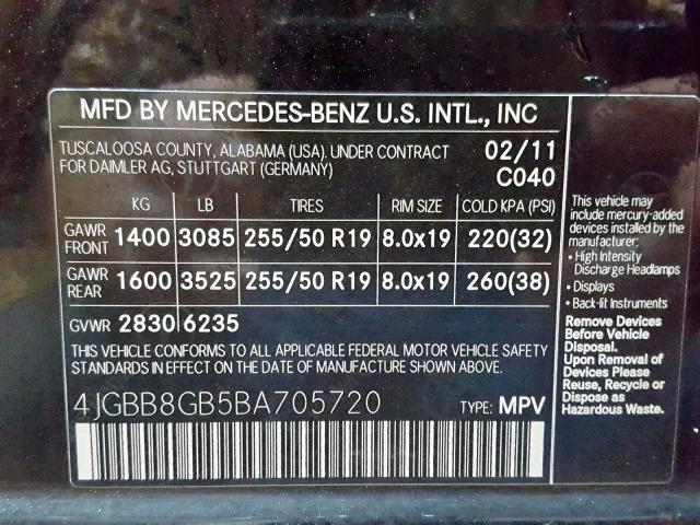 4JGBB8GB5BA705720 - 2011 MERCEDES-BENZ ML 350 4MATIC  photo 10