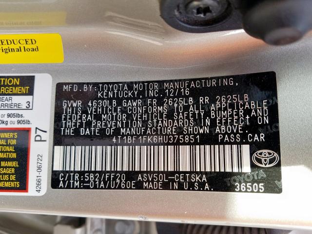 4T1BF1FK6HU375851 - 2017 TOYOTA CAMRY LE  照片 10