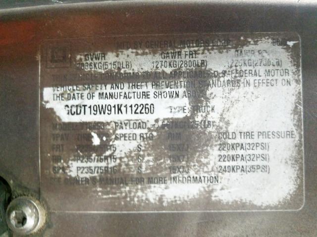 1GCDT19W91K112260 - 2001 CHEVROLET S TRUCK S10  photo 10