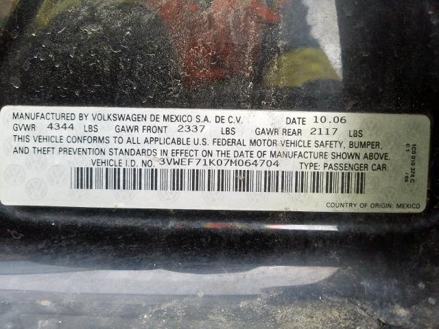 3VWEF71K07M064704 - 2007 VOLKSWAGEN JETTA WOLFSBURG  照片 10