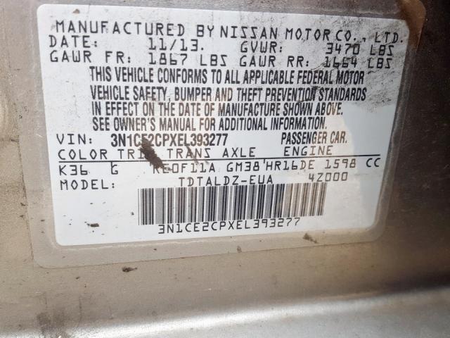 3N1CE2CPXEL393277 - 2014 NISSAN VERSA NOTE S  photo 10