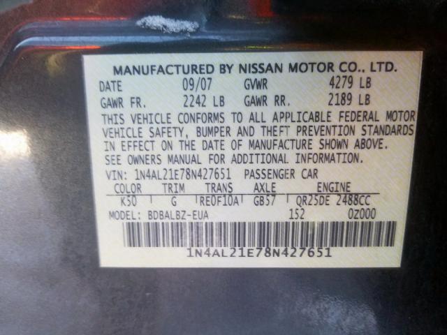 1N4AL21E78N427651 - 2008 NISSAN ALTIMA 2.5  photo 10