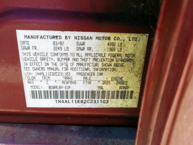 1N4AL11E82C231103 - 2002 NISSAN ALTIMA BASE  photo 10