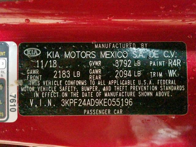 3KPF24AD9KE055196 - 2019 KIA FORTE FE  photo 10