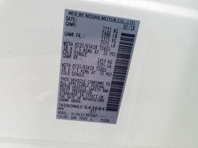 5N1DR2MN8JC643684 - 2018 NISSAN PATHFINDER S  photo 10