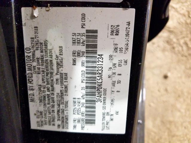 3FAHP0KC5AR331234 - 2010 FORD FUSION SPORT  photo 10