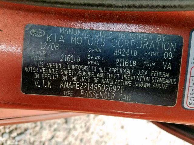 KNAFE221495026921 - 2009 KIA SPECTRA EX ORANGE photo 10