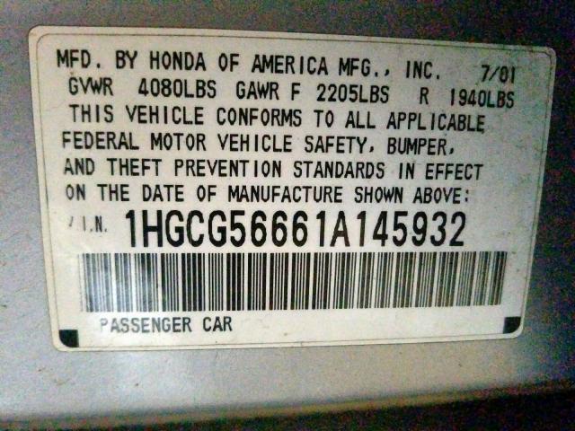 1HGCG56661A145932 - 2001 HONDA ACCORD EX  photo 10