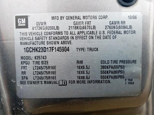 1GCHK23D17F145904 - 2007 CHEVROLET SILVERADO K2500 HEAVY DUTY  photo 10