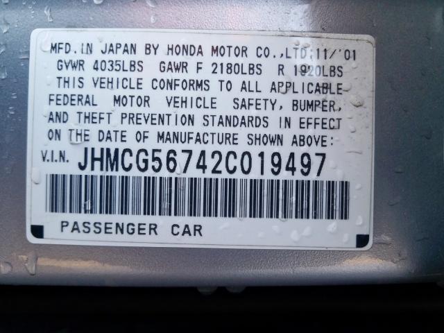 JHMCG56742C019497 - 2002 HONDA ACCORD SE  photo 10