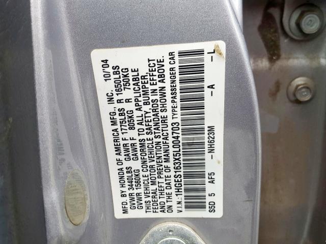 1HGES163X5L004703 - 2005 HONDA CIVIC DX VP  foto 10