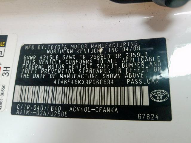 4T4BE46KX9R068694 - 2009 TOYOTA CAMRY BASE  photo 10