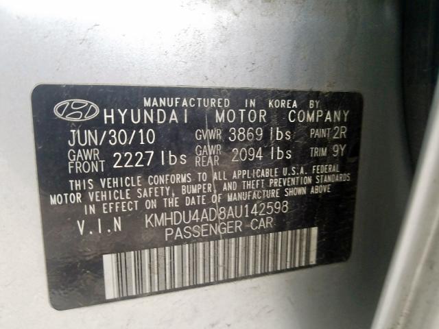 KMHDU4AD8AU142598 - 2010 HYUNDAI ELANTRA BLUE  photo 10