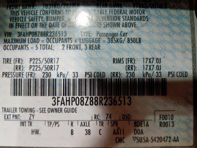 3FAHP08Z88R236513 - 2008 FORD FUSION SEL  photo 10