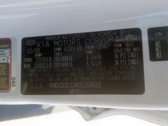 KNDCB3LCXK5263682 - 2019 KIA NIRO FE  photo 10