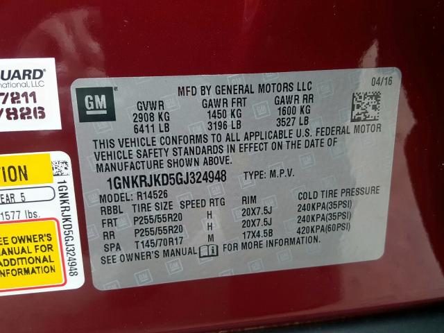 1GNKRJKD5GJ324948 - 2016 CHEVROLET TRAVERSE LTZ  photo 10