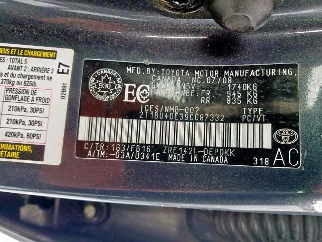 2T1BU40E39C087332 - 2009 TOYOTA COROLLA BASE  photo 9