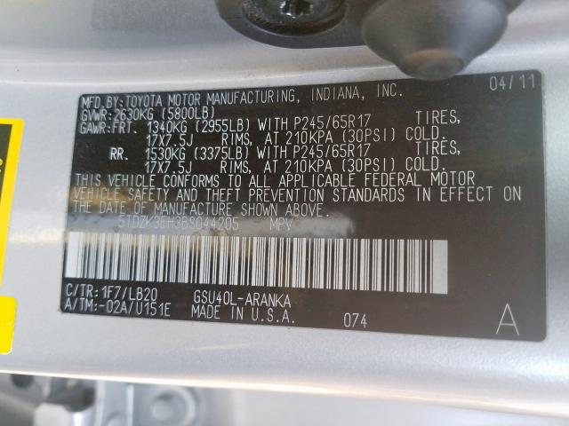 5TDZK3EH3BS044205 - 2011 TOYOTA HIGHLANDER BASE  фото 10