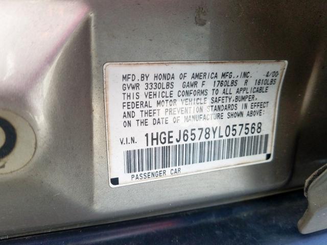 1HGEJ6578YL057568 - 2000 HONDA CIVIC LX  photo 10