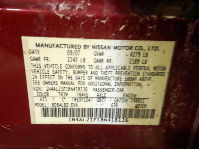 1N4AL21E18N418136 - 2008 NISSAN ALTIMA 2.5  photo 10