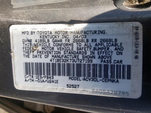 4T1BE32K73U727199 - 2003 TOYOTA CAMRY LE  photo 10