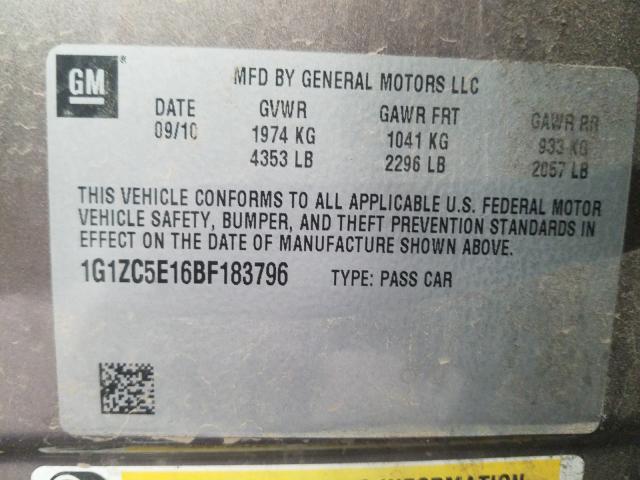 1G1ZC5E16BF183796 - 2011 CHEVROLET MALIBU 1LT  照片 10