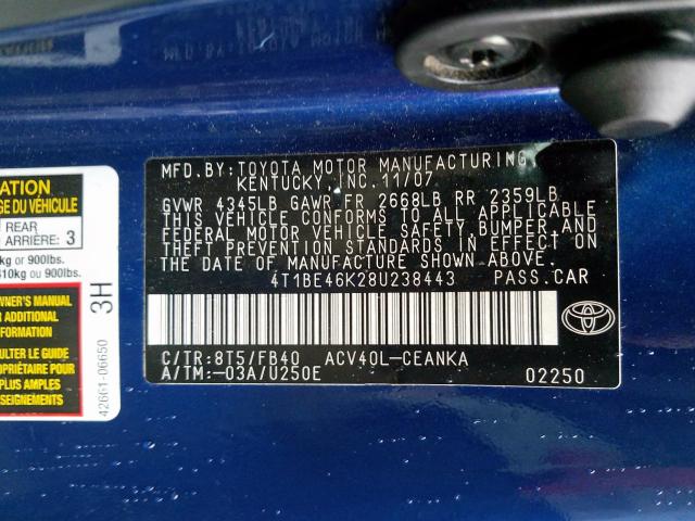 4T1BE46K28U238443 - 2008 TOYOTA CAMRY CE  photo 10