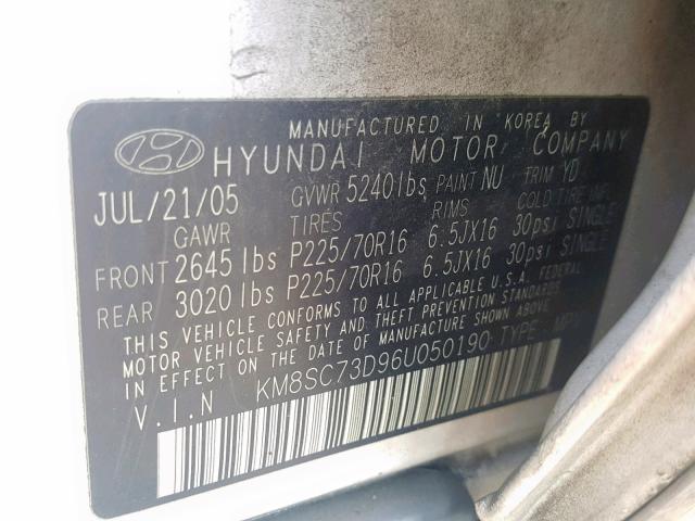 KM8SC73D96U050190 - 2006 HYUNDAI SANTA FE GLS  photo 10