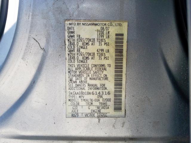 5N1AA08D18N614316 - 2008 NISSAN ARMADA SE  photo 10