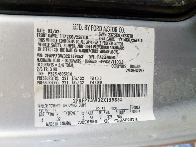 2FAFP73W32X159863 - 2002 FORD CROWN VICTORIA  photo 10