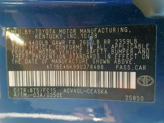 4T1BE46K99U378488 - 2009 TOYOTA CAMRY BASE  photo 10