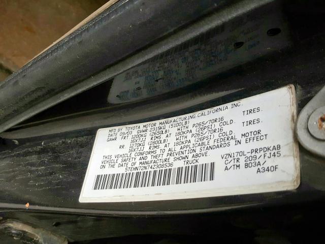 5TEHN72N74Z308536 - 2004 TOYOTA TACOMA DOUBLE CAB  照片 10