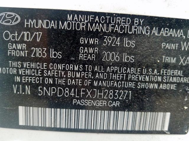 5NPD84LFXJH283271 - 2018 HYUNDAI ELANTRA SEL  photo 10