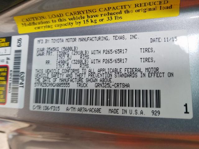 5TFRZ5CN9GX005555 - 2016 TOYOTA TACOMA ACCESS CAB  ფოტო 10