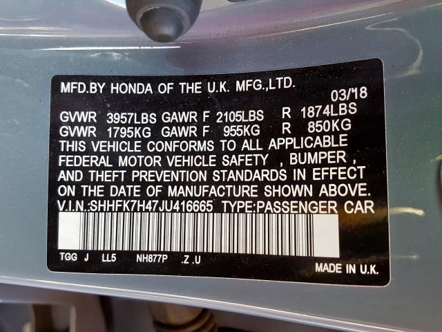 SHHFK7H47JU416665 - 2018 HONDA CIVIC SPORT  Foto 10