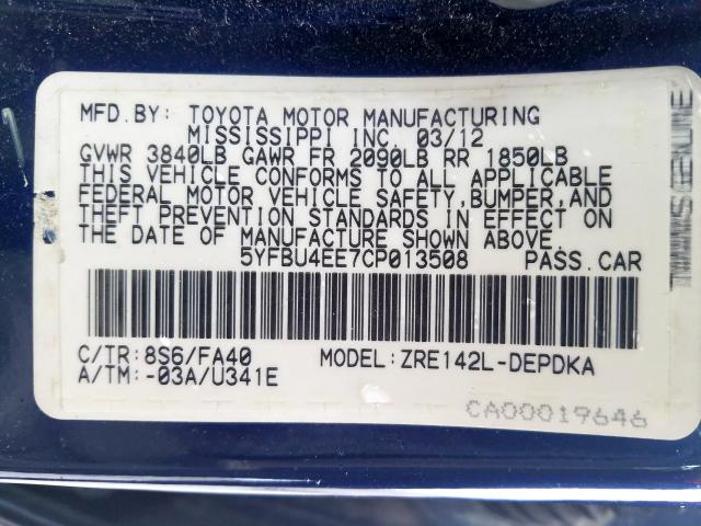 5YFBU4EE7CP013508 - 2012 TOYOTA COROLLA BASE  照片 10