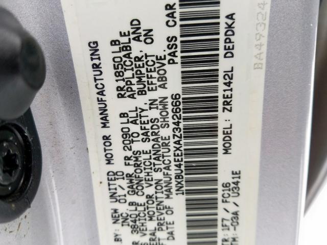 1NXBU4EEXAZ342666 - 2010 TOYOTA COROLLA BASE  photo 10