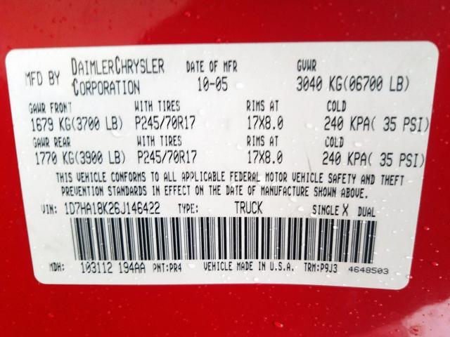 1D7HA18K26J146422 - 2006 DODGE RAM 1500 ST  photo 10